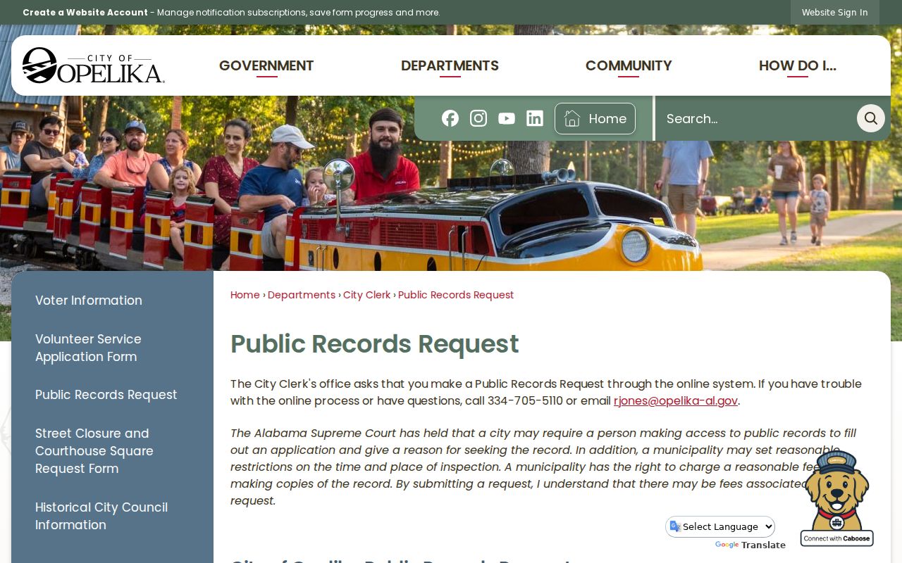 Opelika warrant records City Clerk request route