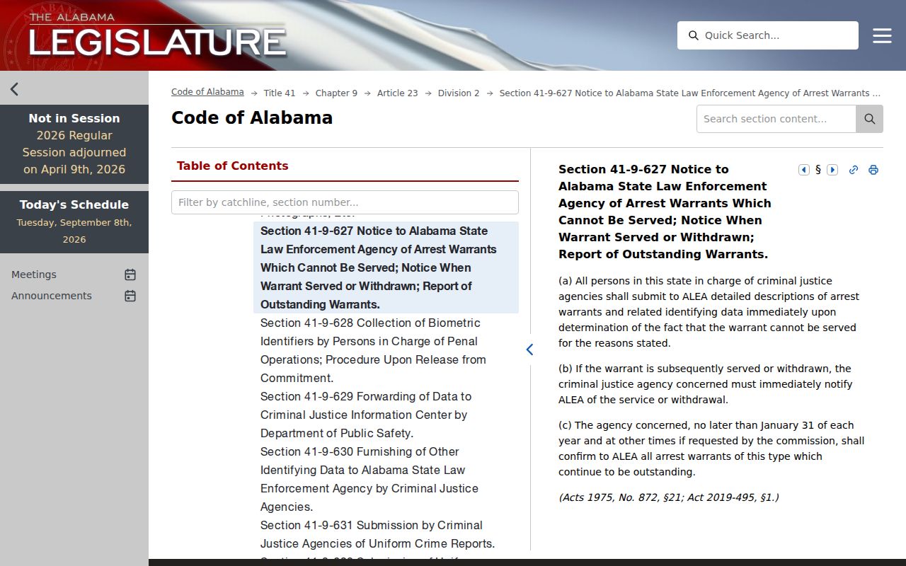 Lee County active warrant ALEA agency-reporting law