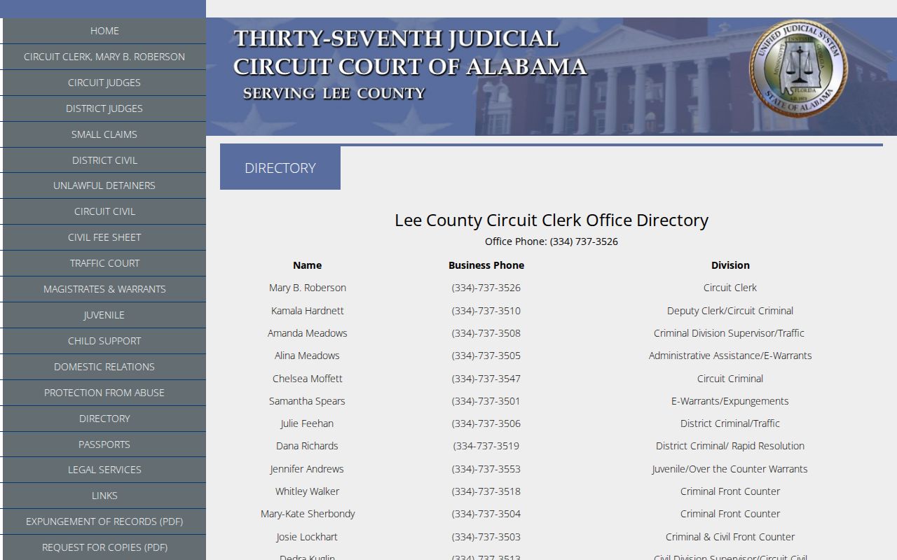 Lee County Circuit Clerk directory for criminal traffic e-warrant and juvenile bench-warrant routing