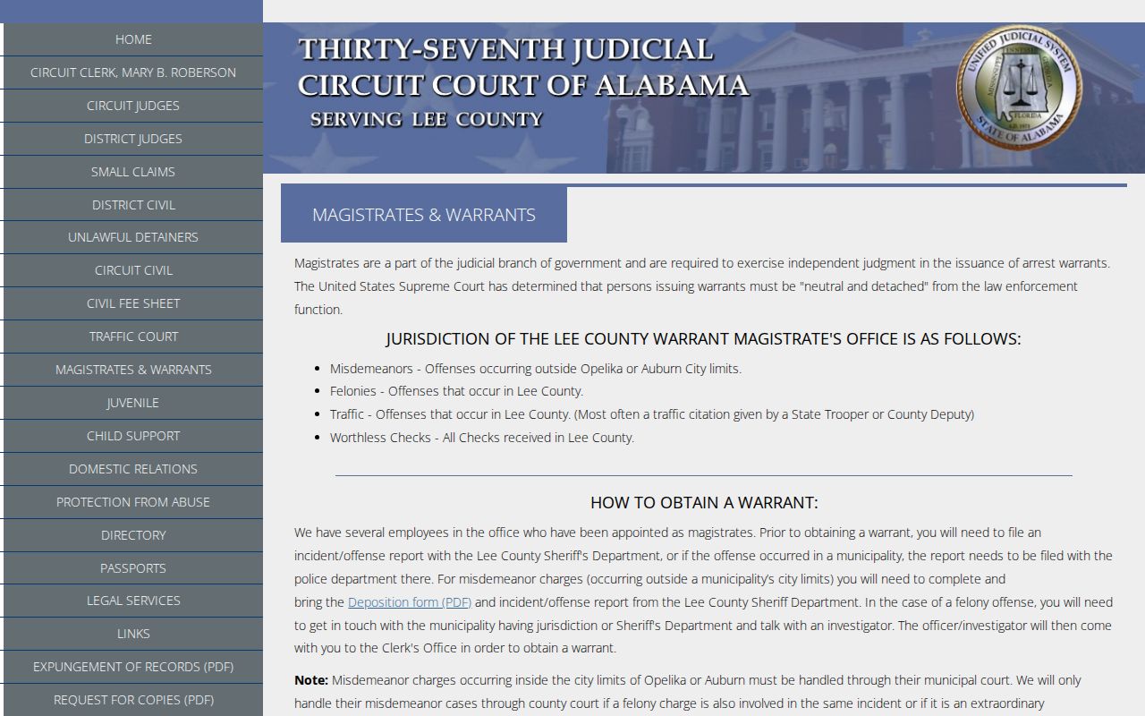 Lee County magistrate page explaining arrest-warrant jurisdiction and probable-cause review